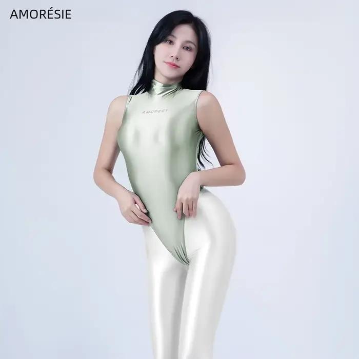 AMORESY-Body sans manches à col montant, brillant, string à jambe extra haute, fermeture éclair au dos, maillot de bain une pièce