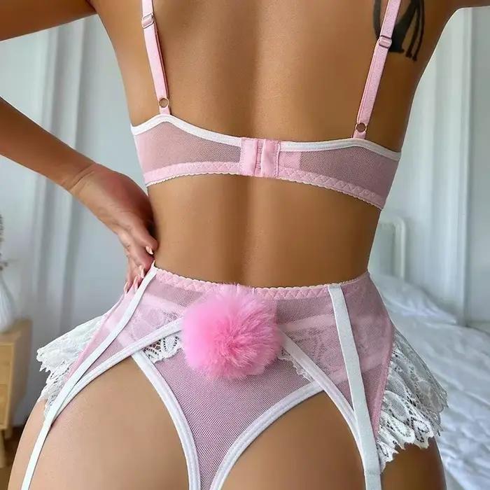 Soutien-gorge et culotte transparents en dentelle rose avec jarretelles