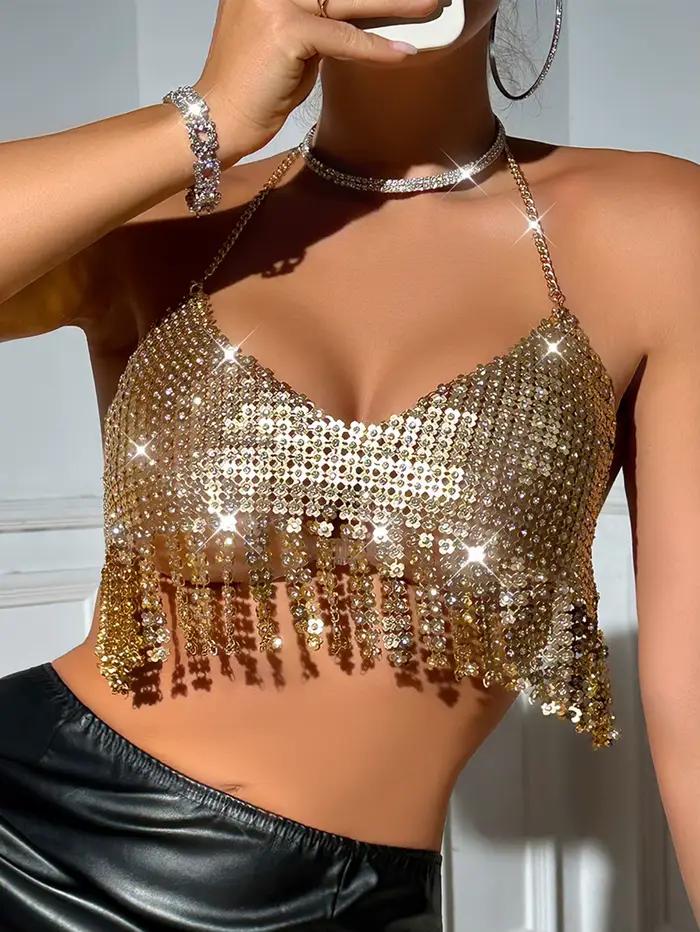 Priehľadné kovové crop top pre ženy