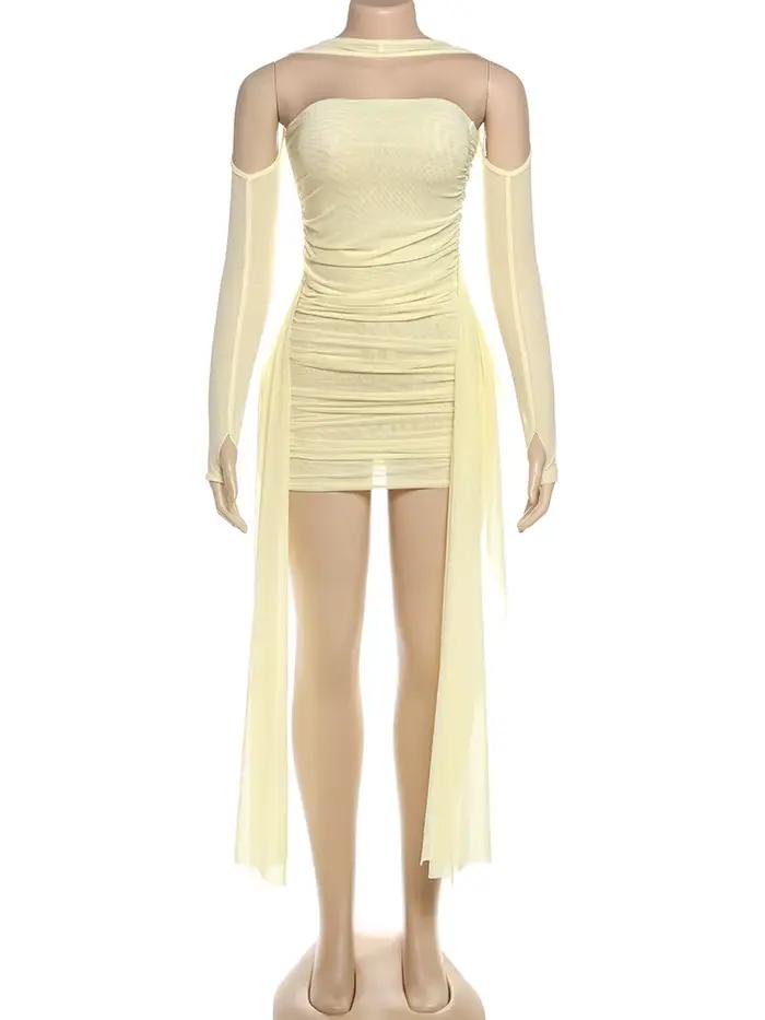 Nibber Vacances Sexy Voir À Travers Robe + Châle Femmes Ruché Côté Ruban Coquette Skinny Minuit Clubwear D'été Partie Moulante