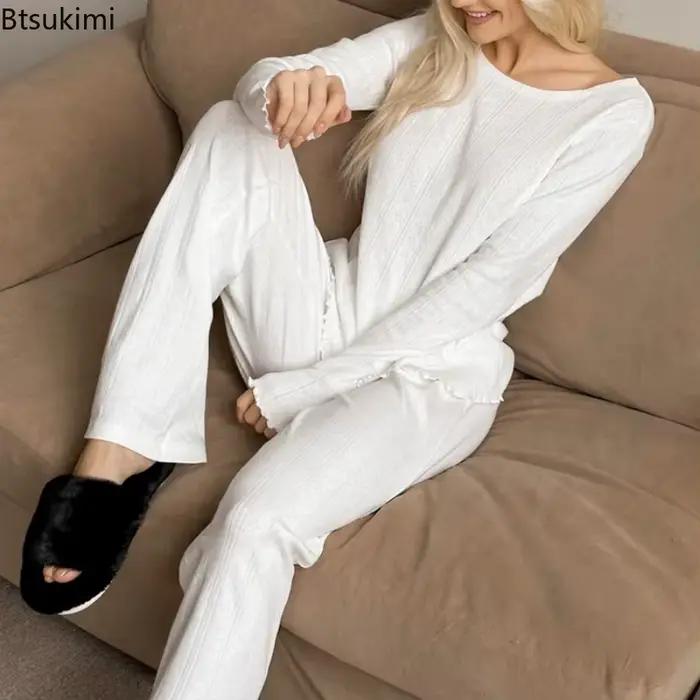 Pyjama de loisirs en Jacquard pour femmes, vêtements de maison, manches longues, pantalon Long, ensemble deux pièces, décontracté, ample, couleur unie, vêtements de maison, printemps
