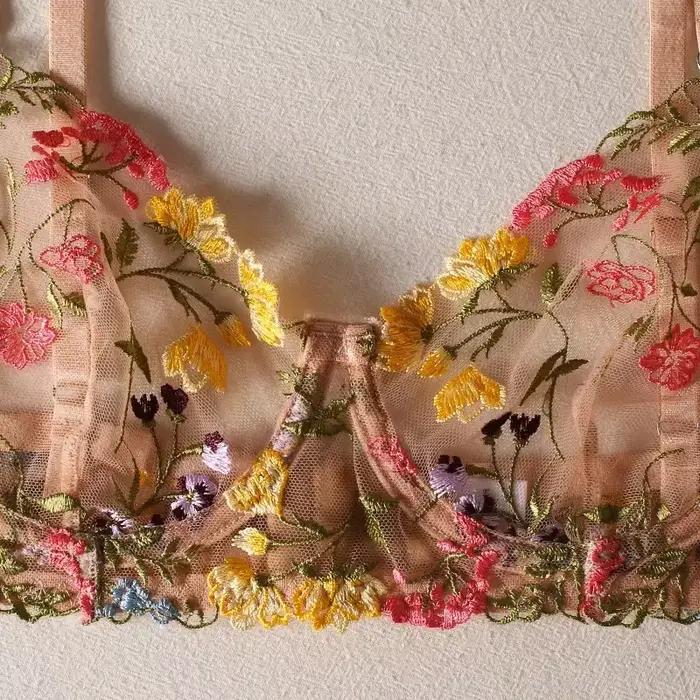 Ensemble de lingerie brodée florale pour femme, soutien-gorge transparent Boho, ensemble de sous-vêtements culottes, intimes, 2 pièces