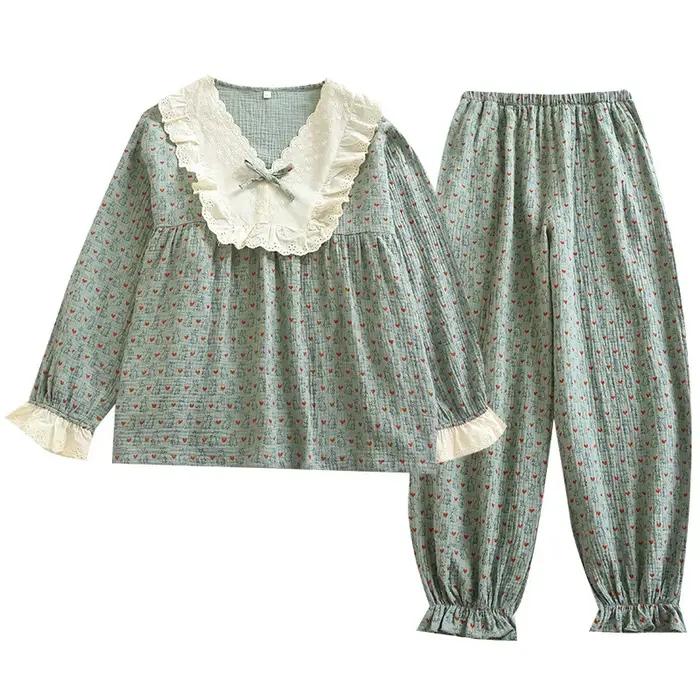Princesse Cottagecore pyjama ensemble femmes Vintage dentelle col vêtements de nuit mignon coeur imprimé crêpe coton vêtements de détente 2 pièces coton doux