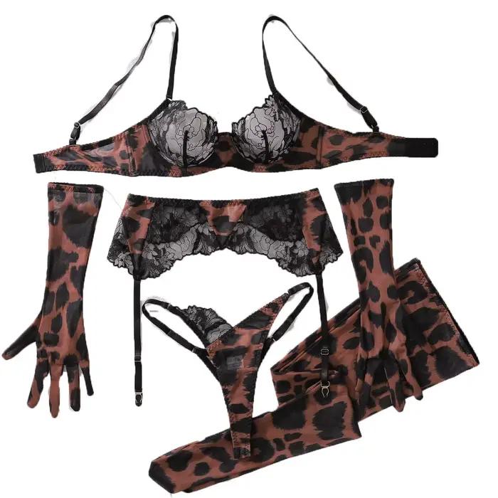 Ensemble de lingerie léopard 5 pièces pour femme, avec soutien-gorge en dentelle, bas et collier ras-du-cou, pour déguisement de cowgirl équestre sauvage, tenue de fête sexy