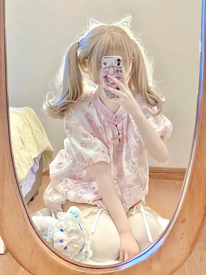 Kawaii Lolita Style lapin imprimé pyjamas ensemble Girly mignon à manches courtes hauts Shorts costume femmes décontracté princesse Homewear Pijama ABDL