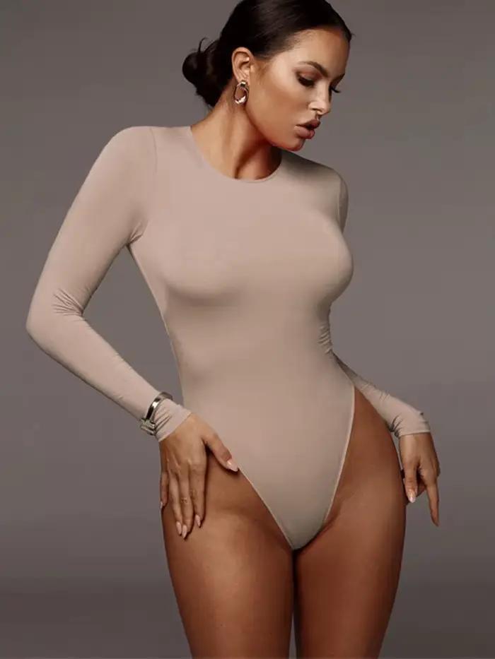 O cou à manches longues solide blanc Sexy Body femmes noir automne hiver corps haut gris décontracté dame Streetwear Body