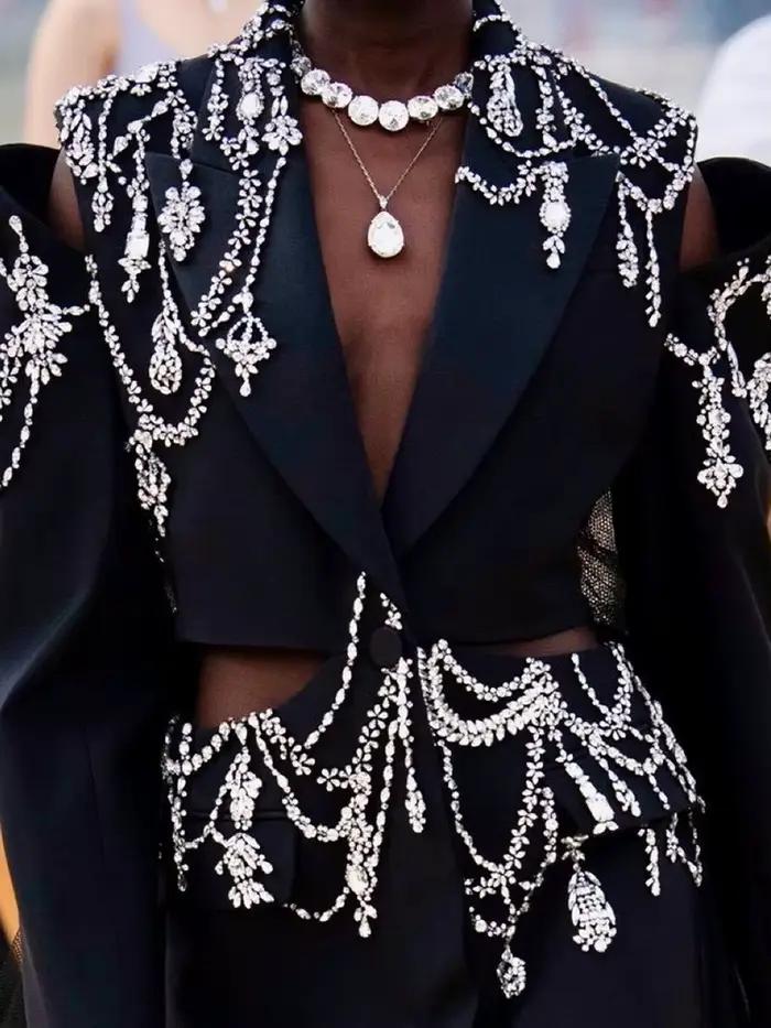 TWOTWINSTYLE Dierový patchwork diamantový blazer pre ženy s výstrihom