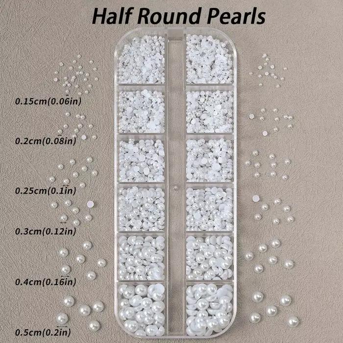 Perles pour ongles semi-rondes et rondes blanches en nacre pour la décoration d'ongles artisanat semi-rondes et rondes 12 grilles