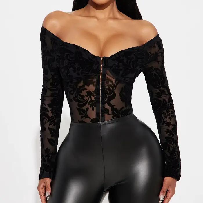 Ellolace Lingerie Sexy Femme Ultra Hot, Body Sensuel à Manches Longues et Épaules Dénudées, Entrejambe Ouvert, Fermeture Avant, Tenues Séduisantes pour Femmes