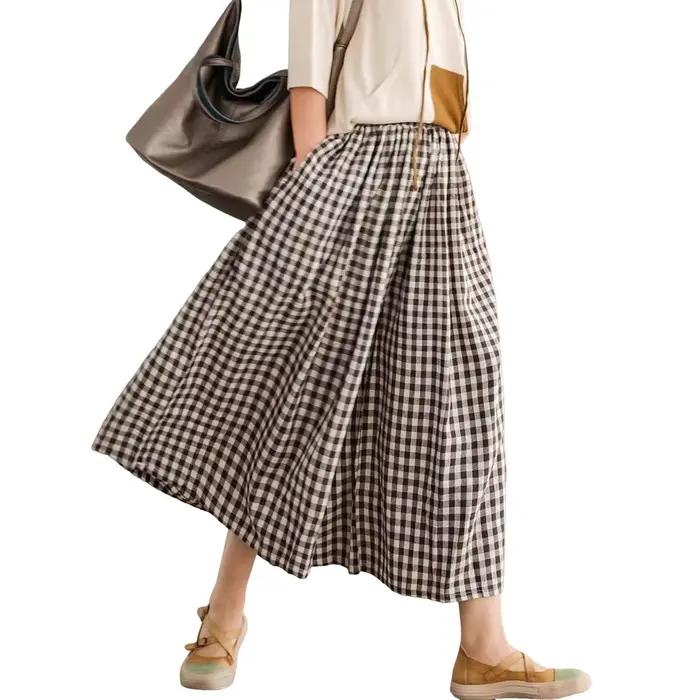 Pantalon Capri à jambes larges pour femmes, culotte à carreaux vichy en coton, taille élastique, Palazzo, bas avec poches, Y2k Harajuk, été