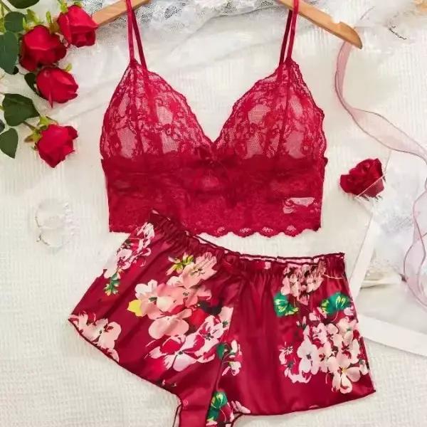 Ensemble pyjama 2 pièces pour femmes, imprimé floral, haut de pyjama à bretelles spaghetti en dentelle, short en satin décoré d'un nœud, vêtements de détente doux et soyeux, vêtements de nuit pour fem