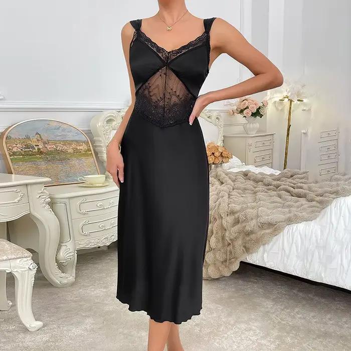Čierna sexy patchworková čipka Nočná košeľa s podväzkami