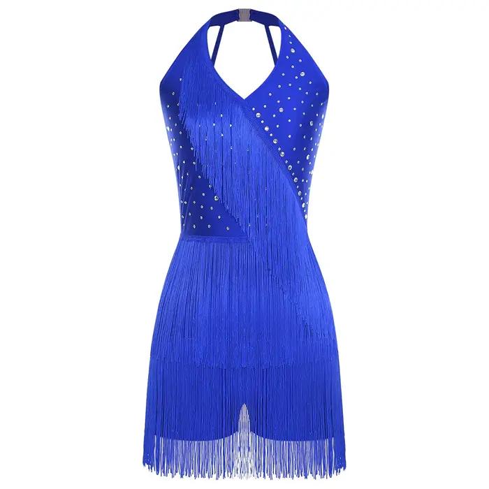 Combinaison de danse Tango Salsa latine pour femmes, sans manches, Design strass scintillants, franges dynamiques, bretelles au dos, body de Jazz