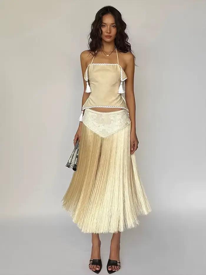 Kliou Sexy Módne Sukne Kostýmy Žena Halter Bandáž Holý Chrbát Nepravidelný Crop Top + Strapcová Dekorácia Dlhé