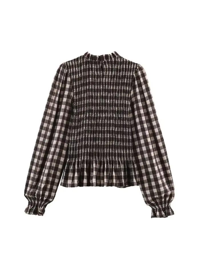 Nlzgmsj 2025 Vintage Chic hnedá kockovaná košeľa pre ženy s dlhým rukávom Blúzka s riasením ležérny elegantný top