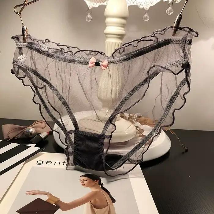 Ženy Sexy priesvitné ružové nohavičky s mašľou bavlnený klin slipy žena sieťovaná spodná bielizeň priedušná vlnitý okraj duté tangá