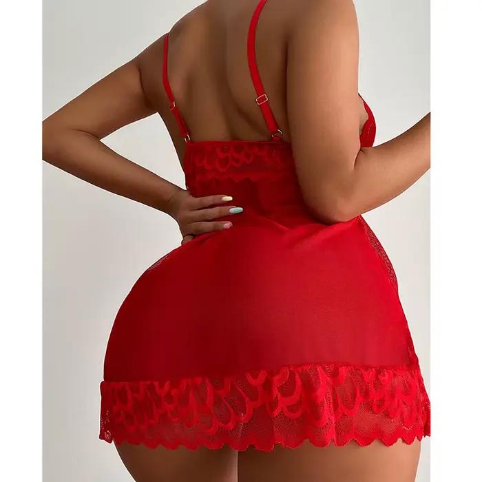 Ensemble de lingerie rouge en dentelle pour femme, nuisette transparente à col en V profond et string, lingerie intime