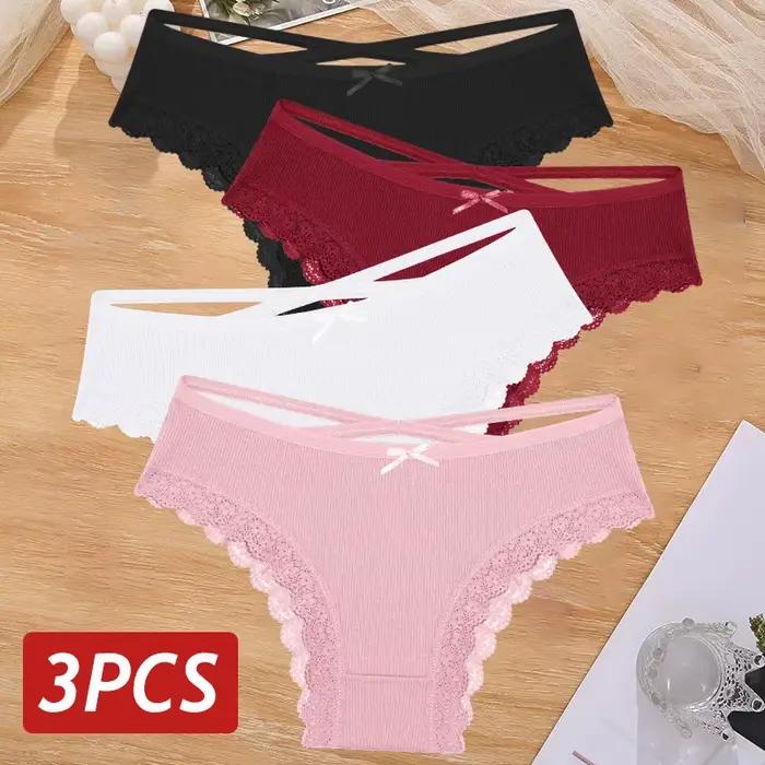 3 pièces/ensemble femmes coton culottes Sexy taille basse dentelle culotte brésilienne évider doux respirant Lingerie femme arc sous-vêtements S-XL