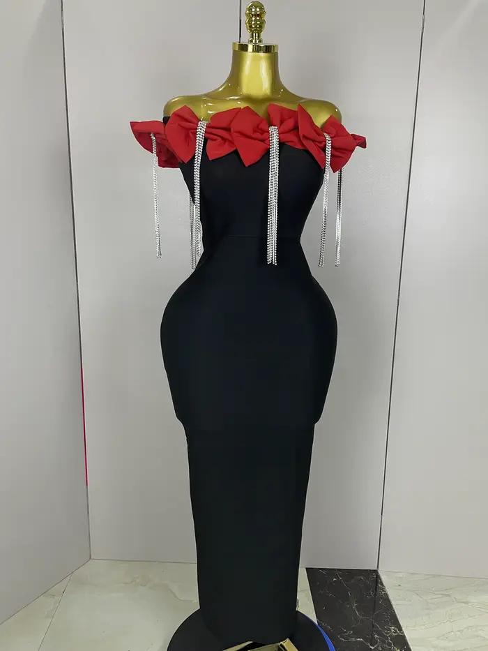 2025 ženy celebrít sexy odhalené rameno kvetina diamanty čierna motýlik maxi dlhá XL elegantná šaty na obväz s
