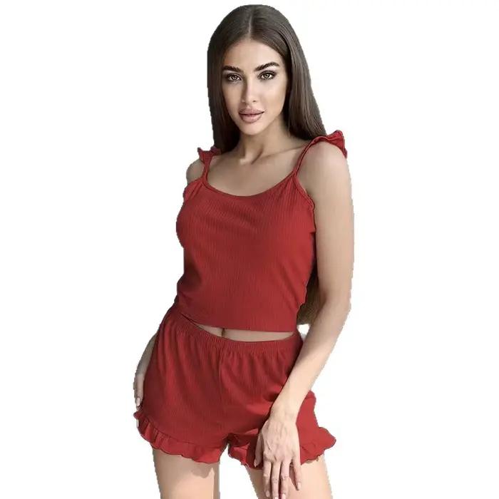 Ensemble de pyjama côtelé pour femme, haut de pyjama à bretelles volantées et short, deux pièces, tenue de nuit estivale mignonne, vêtements de détente avec bordure festonnée, tenue sexy