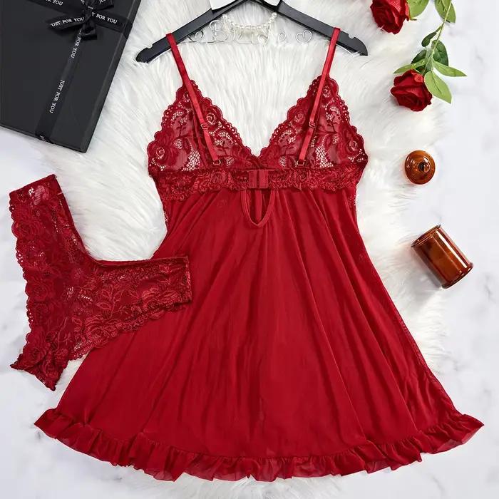 Chemise de nuit en Tulle bleu pour femmes, bretelles en dentelle, col en v, Lingerie, sous-vêtements, Mini robe transparente, ensemble string, chemises de nuit