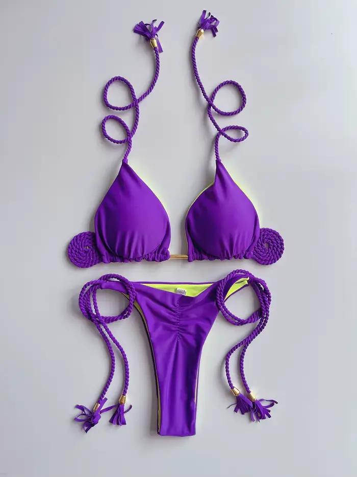 Sexy jednofarebné dvojdielne trojuholníkové bikiny pre ženy s pletenou šnúrkou