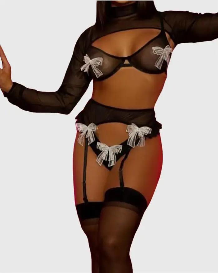 Ellolace Ensembles de Lingerie Transparente pour Femme, Soutien-gorge en Maille, Ceinture et String 3 Pièces avec Bas de Couverture, Tenue Intime Romantique à Nœud Bouffant