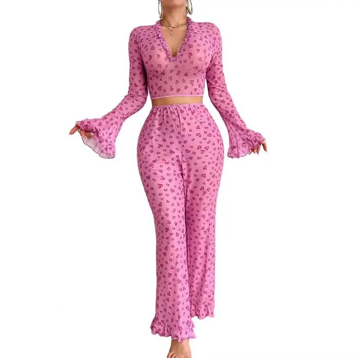 Ensemble pyjama 2 pièces pour femmes, imprimé cœur, ourlet à volants, haut de salon, manches longues, col en V, chemise et pantalon, pour la saint-valentin