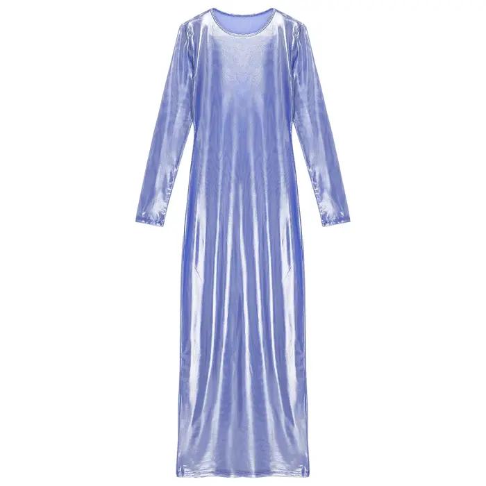 Robe de plage longue transparente pour femmes, Sexy, métallique brillant, manches longues, couleur unie, maille, Costumes de soirée, Clubwear
