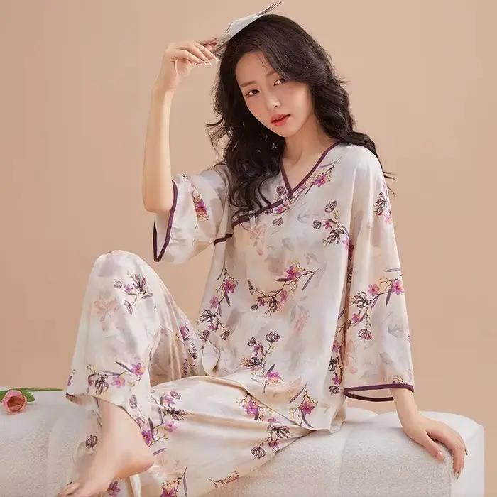 Mode imprimé femmes pyjamas ensemble décontracté coton rayonne vêtements de nuit printemps automne maison vêtements Style rétro vêtements de nuit Pijama Mujer