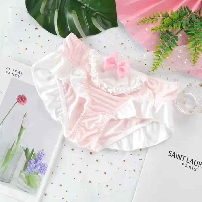 Veľká veľkosť dámske hodvábne mlieko roztomilé krásne jemné princeznovský štýl Lolita mašlička volániky nohavičky elastické cukríkové farby spodná bielizeň