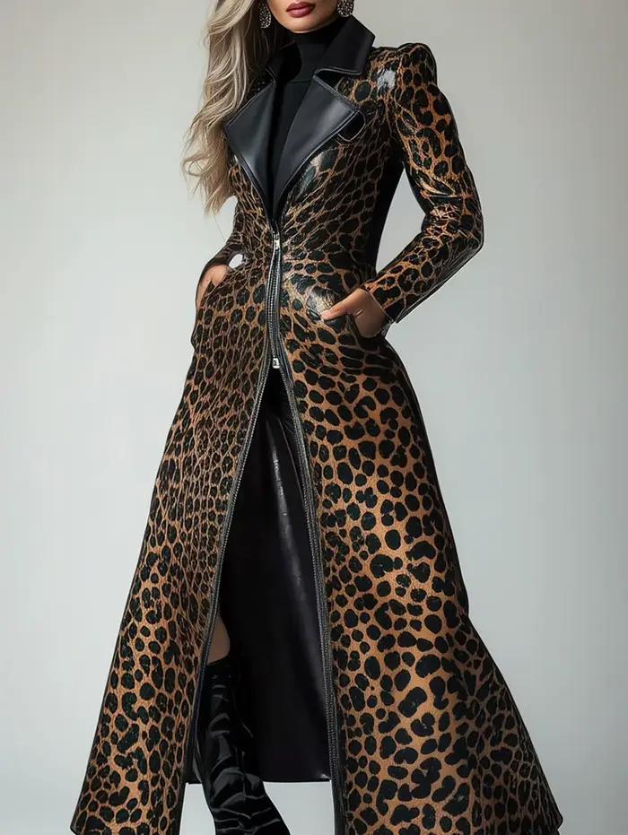 Trench-coat féminin en polyester avec motif léopard pour femmes, décontracté et élégant pour toutes les occasions