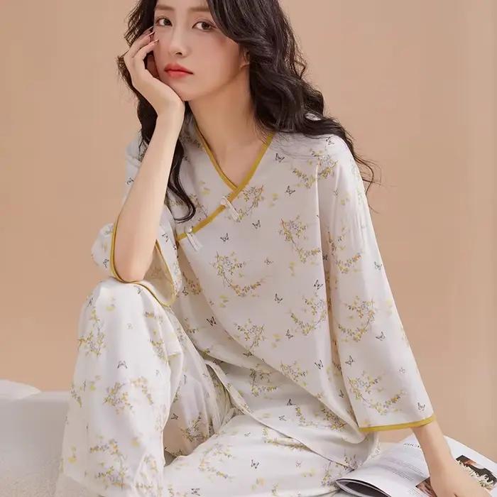 Mode imprimé femmes pyjamas ensemble décontracté coton rayonne vêtements de nuit printemps automne maison vêtements Style rétro vêtements de nuit Pijama Mujer