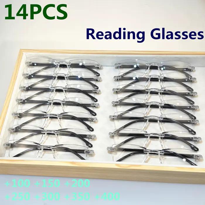 Sada 14 vintage okuliarov na čítanie bez obruby – Obdĺžnikový rám