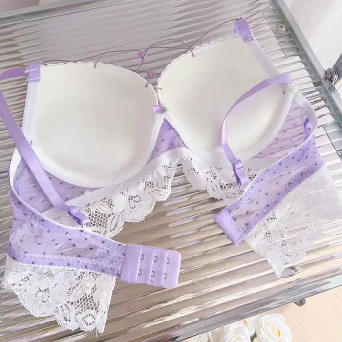 Ensemble soutien-gorge et culotte en dentelle à pois, avec nœuds en forme de cœur, lingerie sexy, soutien-gorge push-up pour femme et jeune fille