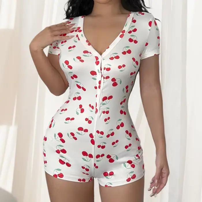 Pyjama femme Onesies bouton avant imprimé cerise col en v manches courtes barboteuse combinaison chemise de nuit vêtements de nuit