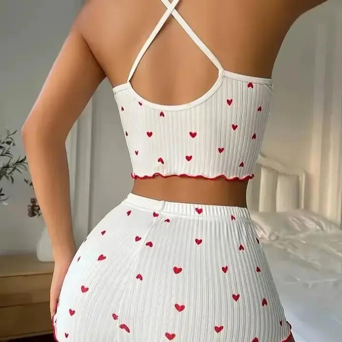 Ensemble pyjama imprimé cœur pour femme, tissu côtelé doux avec bordure à volants, haut décontracté et short, vêtements de nuit et de détente