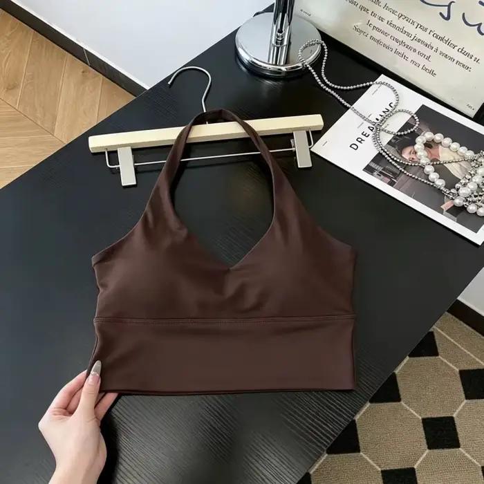 Soutien-gorge de yoga dos nu à col en V profond pour femme, en tissu soyeux et lisse, haut de sport tendance