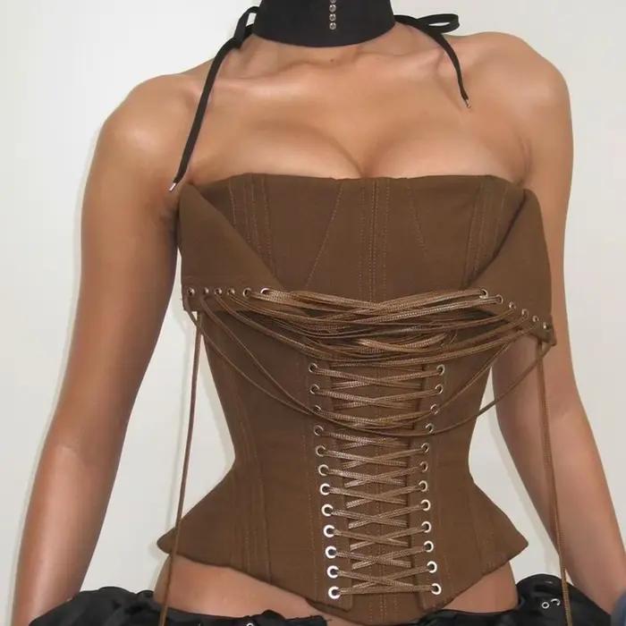 Corset en arête de poisson avec cravate en corde, Camisole Sexy sans bretelles, mode d'été, Bustier ajusté Y2k, débardeur pour femmes, gilet sans manches