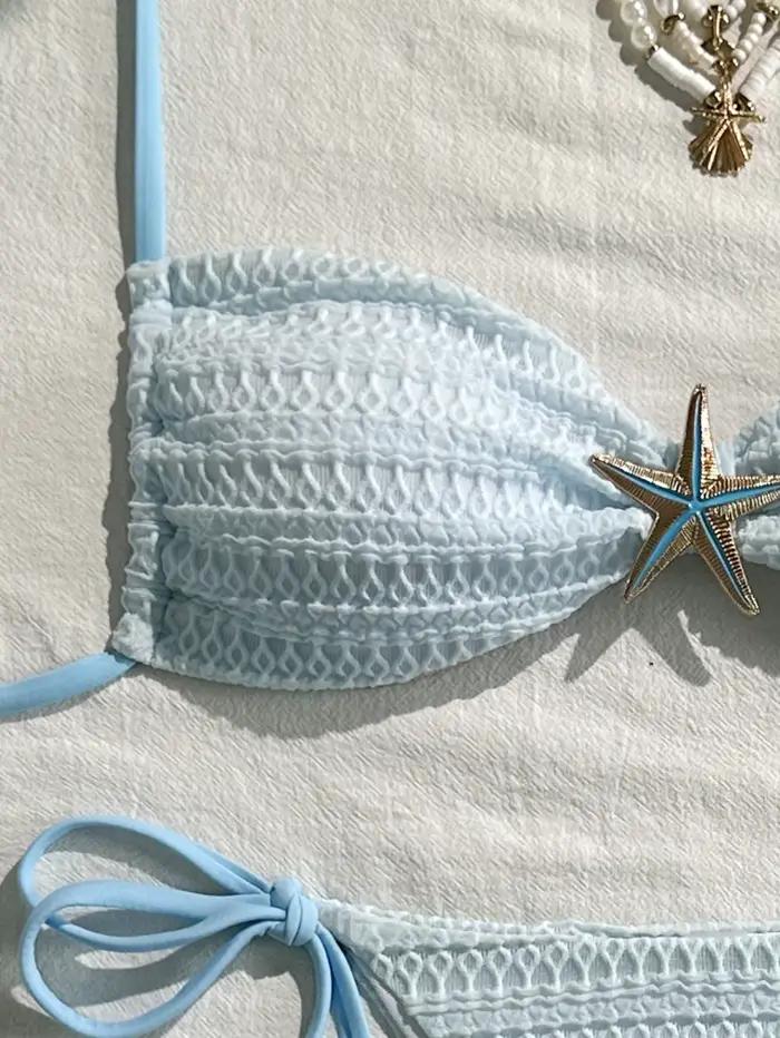 Sexy bleu ciel Micro Bikini 2026 femmes métal étoile de mer ornement plissé Push Up cravate côté string maillot de bain plage maillot de bain maillots de bain