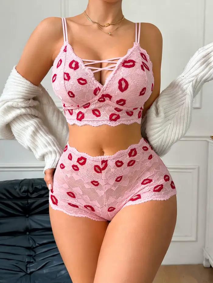 Sexy čipkovaný lingerie set s potlačou pier na Valentína