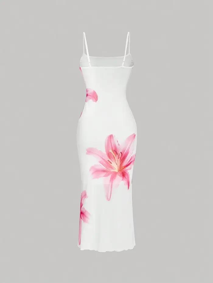 Robe florale élégante pour femmes junior, silhouette gaine, décolleté carré, motifs floraux, polyester tricoté, sans manches, ajustement mince, longueur mi-mollet, occasions estivales et spéciales