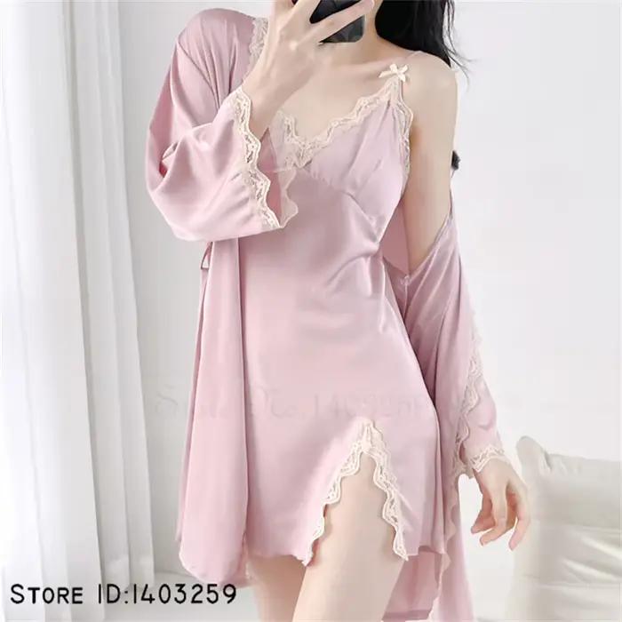 Ensemble de Robe de Mariée Blanche, Kimono Sexy en Rayonne, Chemise de Nuit, Garniture en Dentelle, Vêtements de Maison Décontractés, Lingerie, 2 Pièces