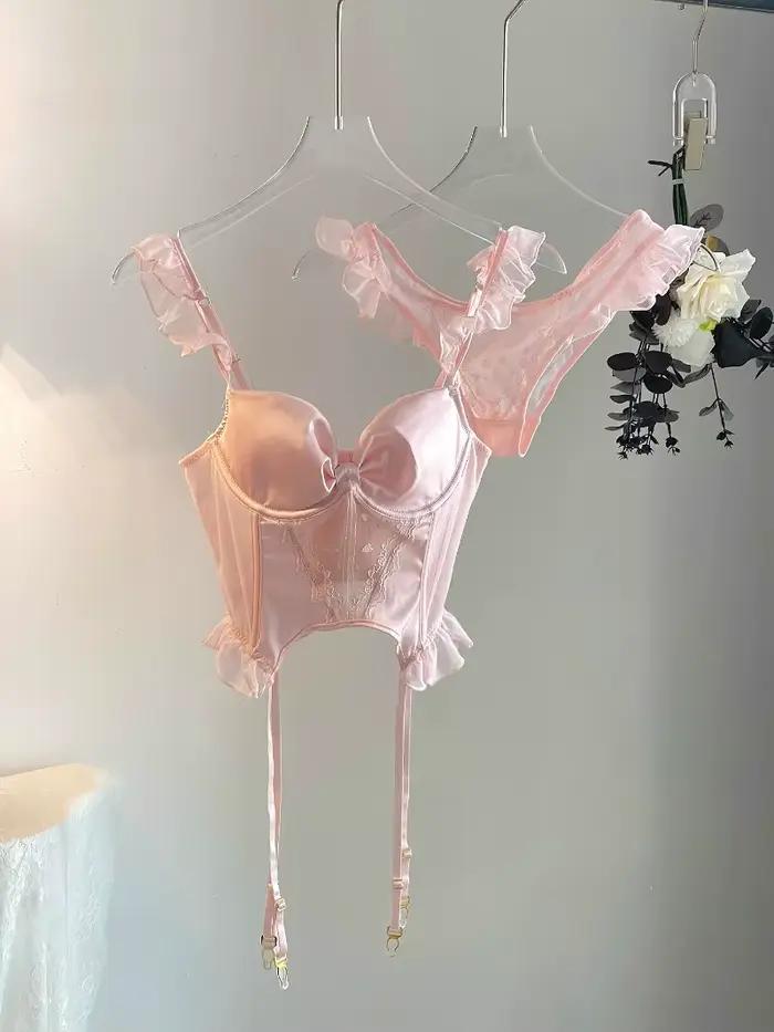 Rose femmes intimes soutien-gorge à armatures et tongs dames ensemble de sous-vêtements bouton arrière Push-Up Lingerie