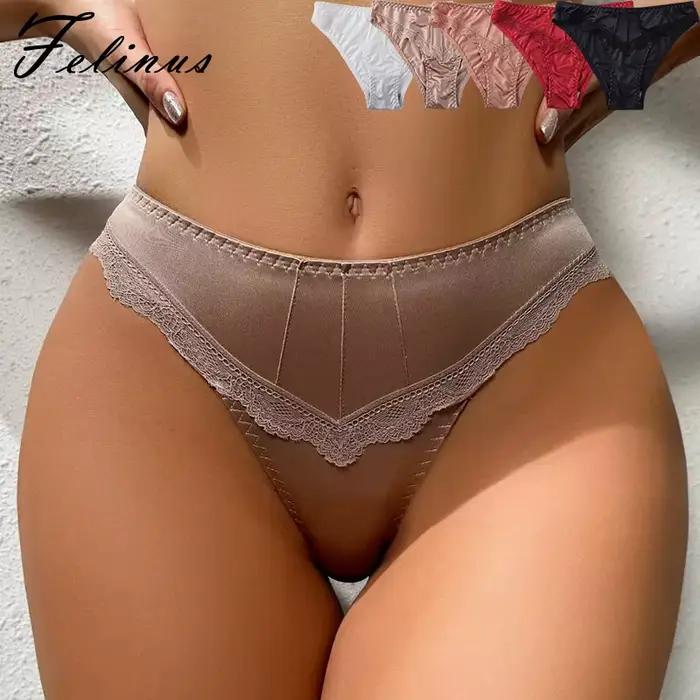 Felinus String Triangle Taille Basse en Satin Français, Culotte en Tissu Soyeux, Lingerie Féminine, Culottes Sexy en Dentelle pour Femmes