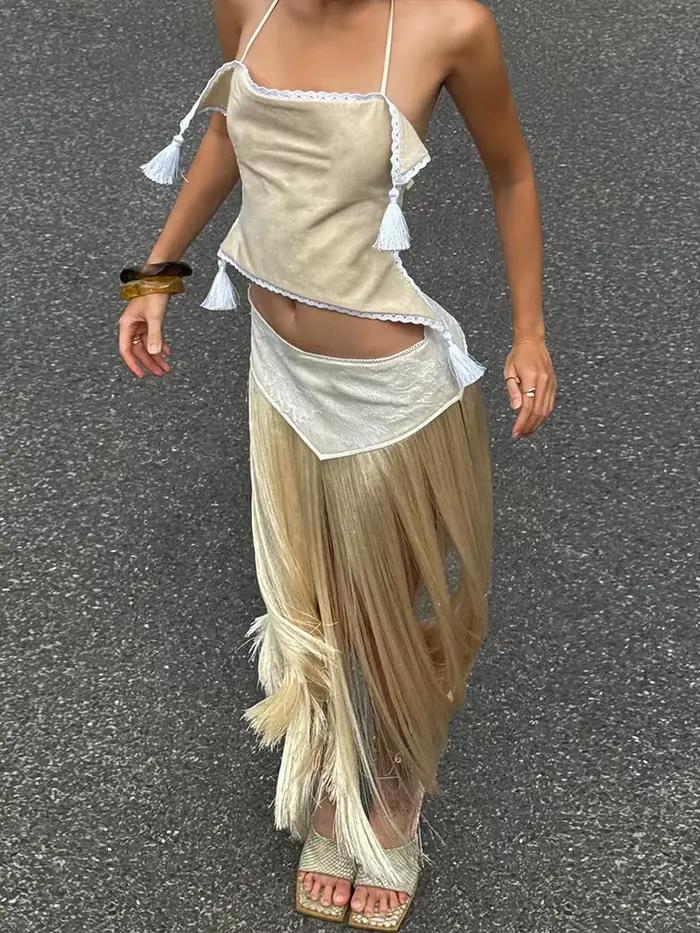 Kliou Sexy Módne Sukne Kostýmy Žena Halter Bandáž Holý Chrbát Nepravidelný Crop Top + Strapcová Dekorácia Dlhé