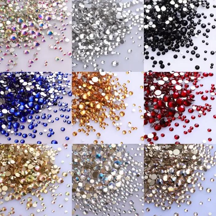 1440 kusov mix veľkostí sklenené ploché kamienky trblietky kryštál AB okrúhly diamant bez korekčného lepidla na kameň pre