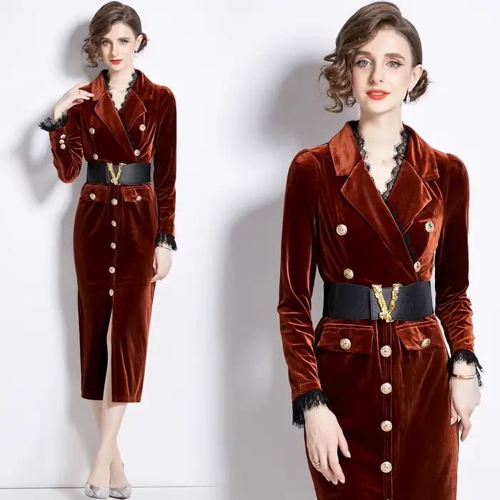 Robe damas velours et dentelle pour femme élégante, silhouette une ligne, boutonnage simple, polyester, automne hiver, bureau et occasions spéciales