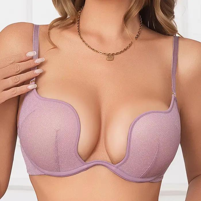 Soutien-gorge violet en V profond pour femmes, grand buste, petit soutien-gorge à armatures doux, sexy, en maille