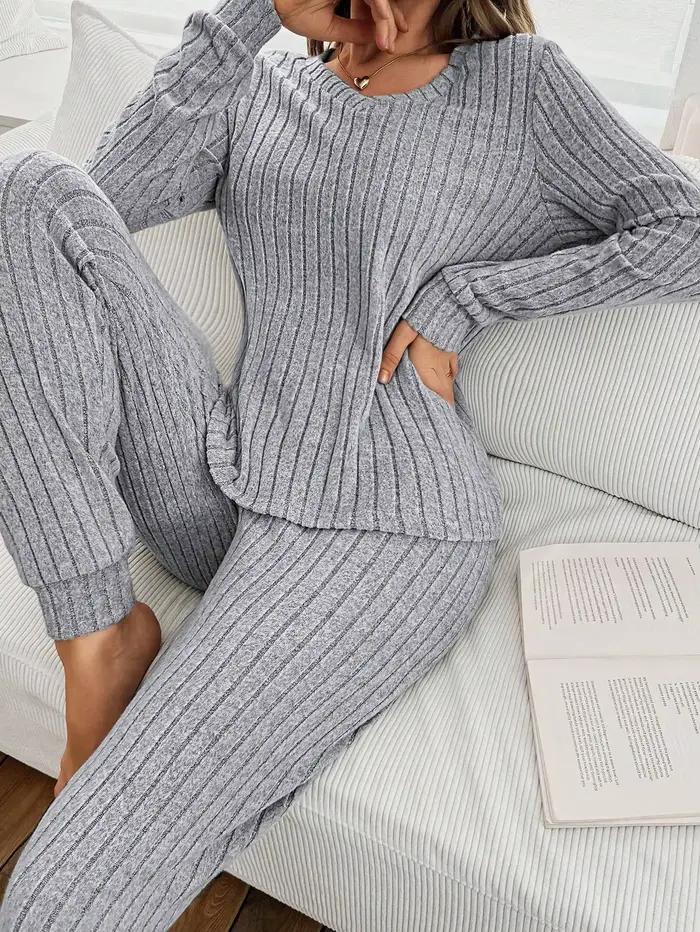 Ensemble pyjama côtelé 2 pièces pour femme - Haut à manches longues et col en V et pantalon de jogging, vêtements de nuit doux et confortables